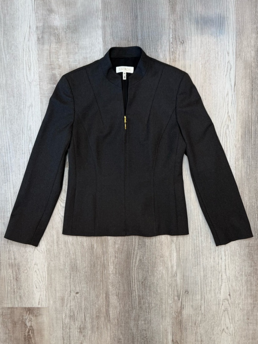 Escada Charcoal Grey Mandarin V-Neck Collar Zip Up Blazer Women’s  EU 40 Wool